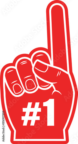 A vibrant red foam finger with a white outline and the number one symbol, representing support and victory.