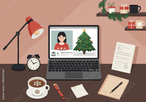 Flat vector illustration showing a Christmas video call on a festive remote workspace.