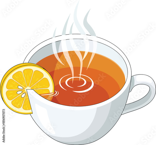 A white ceramic cup filled with hot, steaming tea and a fresh lemon slice on the rim.