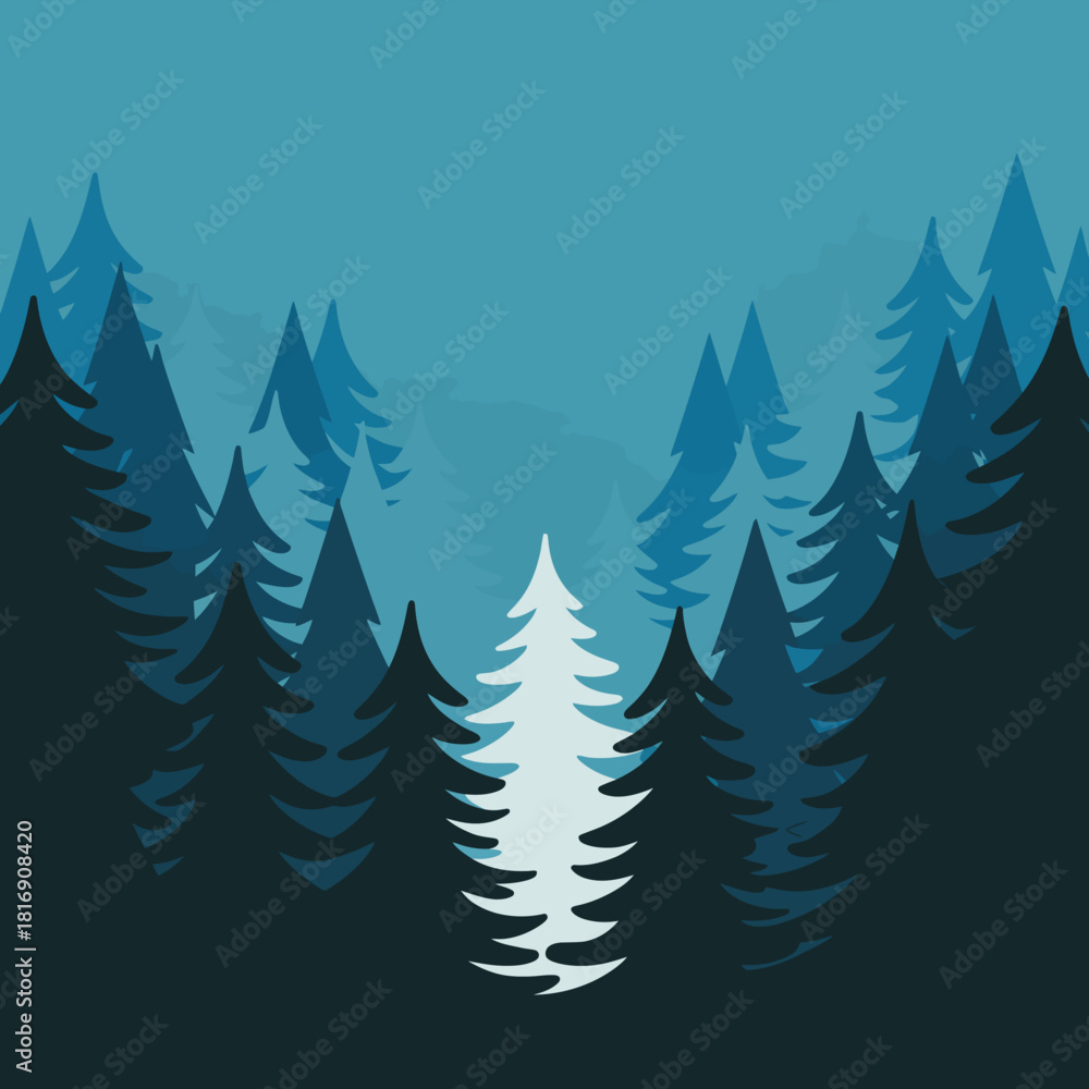 Obraz premium Vector illustration of a layered pine tree forest landscape at twilight, featuring dark blue silhouettes and a single bright unique fir tree in the center, minimalist flat design background.