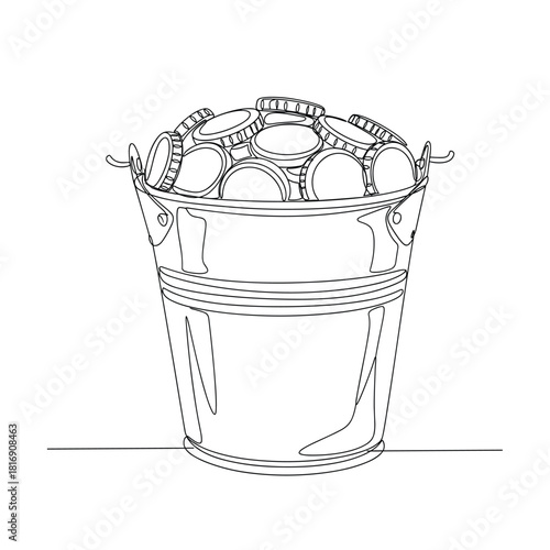 Hand drawn sketch of a metal bucket overflowing with round objects like marbles or small fruits