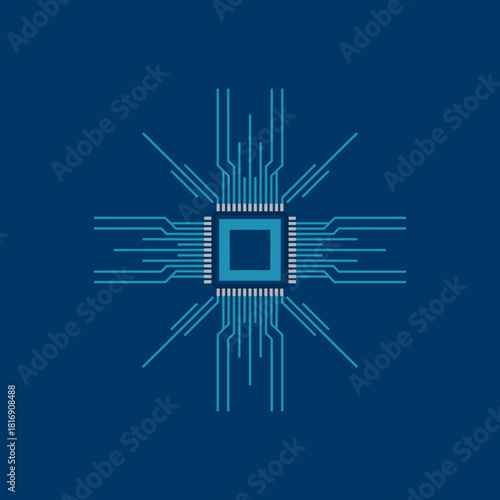 Futuristic Microchip/CPU Icon with Digital Circuitry Lines. High-Tech Data Processing, Electronic Architecture, and AI Network Concept Illustration on Deep Blue.