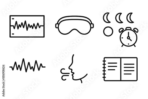 Sleep Science Icons. Sleep Science linear icon set: EEG graph, sleep mask, bed, moon phase, alarm clock, wave pattern, breathing icon, notebook