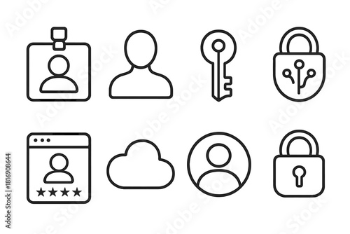 Digital Security Icons. Online Identity linear icon set: ID badge, avatar face, digital key, encrypted lock, login screen, cloud icon, user profile, secure padlock
