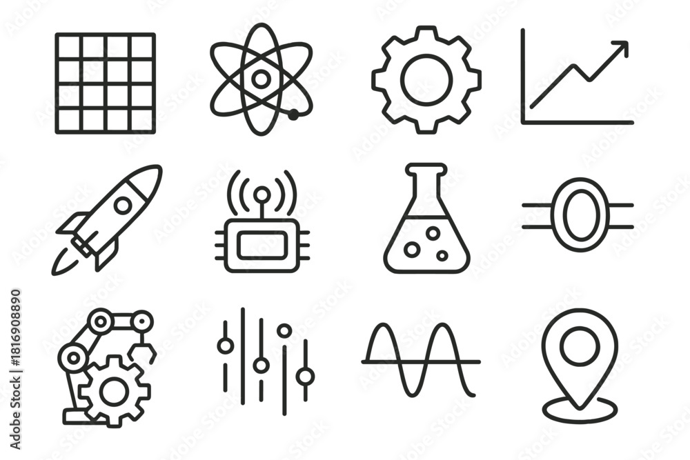 Fototapeta premium Tech Science Icons. Tech & Science Exploration Set linear icon set: digital grid, atom ring, mechanical cog, math chart, rocket silhouette, sensor node, chemistry beaker, optical