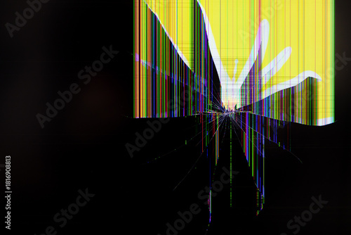 Broken display screen featuring prominent radial cracks and vibrant color pixel lines on a dark background, signifying technology damage, malfunction, and urgent repair