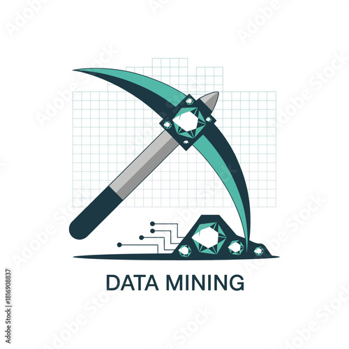 Data Mining Concept Illustration. Pickaxe icon searching for valuable digital data, big data analysis, discovery, and business intelligence technology vector.