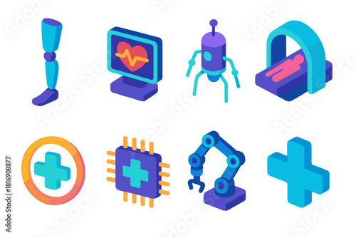 Futuristic Medical Icons. Medical Augmentation flat icon set: prosthetic limb, heart monitor, nanobot, medical scanner, healing symbol, data chip, robotic surgery arm, cross icon