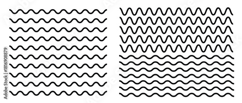 Abstract patterns of black wavy lines with varying frequencies isolated on white background.