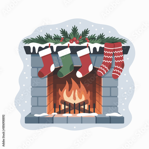Cozy Christmas Fireplace Vector Illustration with Hanging Stockings, Burning Fire, and Snowy Mantlepiece Decoration
