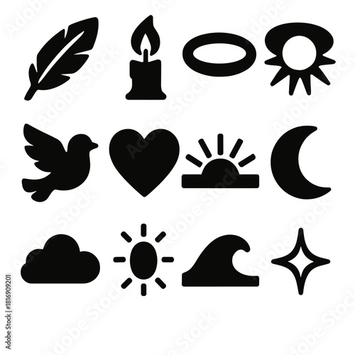 Spiritual Festival Icons. Spiritual Festival silhouette icon set : feather, candle flame, halo, radiant orb, dove, heart, sunrise hue, moonlight, soft cloud, glowing aura, gentle
