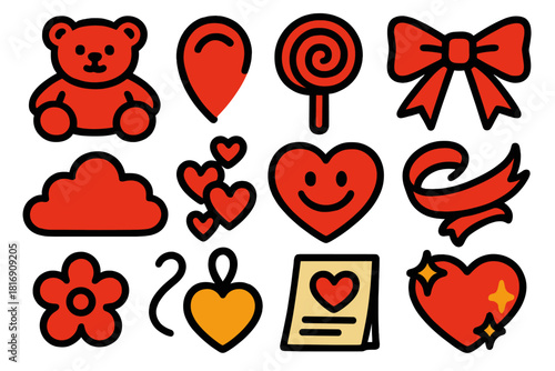 Valentine's Icons Collection. Valentine's Day Cute Elements silhouette icon set: teddy bear, plush heart, lollipop, bow-knot, soft cloud, tiny hearts cluster, smiley heart, ribbon