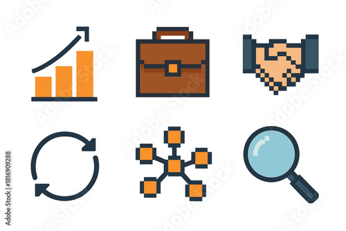 Professional Mobility Icons. Professional Mobility pixel style icon set: upward trail, portfolio folder, cross-role handshake, agile rotation path, strengths cluster, vision lens