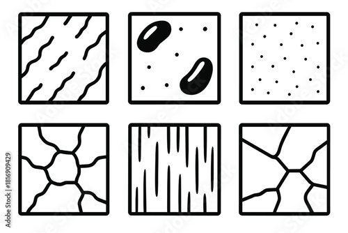 Textured Icons Matrix. Surface Texture linear icon set: rough concrete, glossy finish, matte coating, metallic shine, cracked surface, brushed steel