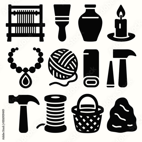 Brutalist Icon Collection. Traditional Makers silhouette icon set. weaving loom, paintbrush, pottery jar, candle, necklace, yarn, fabric roll, chisel, hammer, thread spool, basket