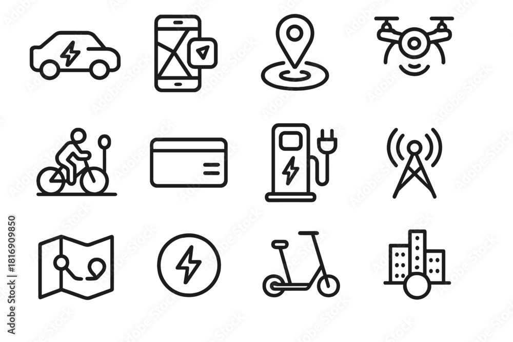 Fototapeta premium Smart City Symbols. Smart City Transport linear icon set. electric car, app navigation, GPS pin, drone view, bike lane, smart card, charging station, signal tower, route map