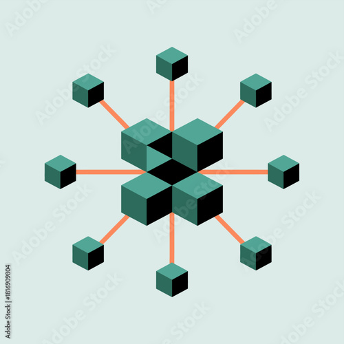 Isometric Decentralized Network Structure. Abstract data distribution concept illustration, central processing hub connected to nodes, perfect for blockchain technology, AI, and digital finance projec