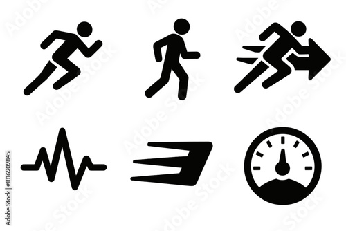Running Icon Set. Running Motion Set silhouette icon set: sprint silhouette, jogging silhouette, stride arrow, heartbeat line, speed lines, cadence meter