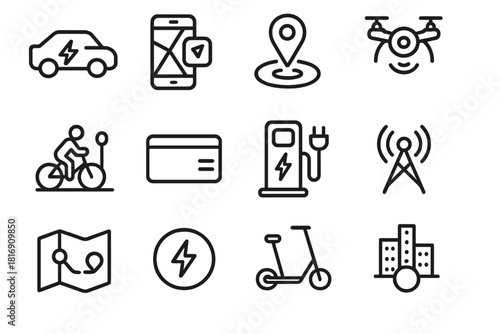 Smart City Symbols. Smart City Transport linear icon set. electric car, app navigation, GPS pin, drone view, bike lane, smart card, charging station, signal tower, route map