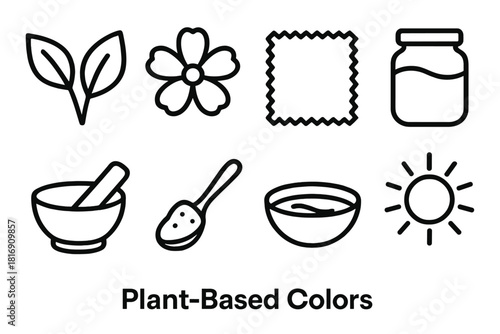 Plant-Based Tools and Colors. Plant-Based Colors linear icon set: leaves, flower petals, fabric swatch, dye jar, mortar and pestle, spoon, water bowl, sunlight