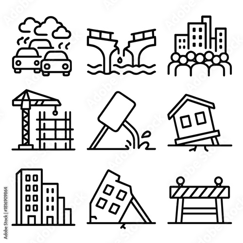 Urban Planning Chaos. Poor urban planning concept linear icon set: traffic congestion, broken bridge, damaged water pipe, overcrowded area, unfinished building, fallen sign, weak