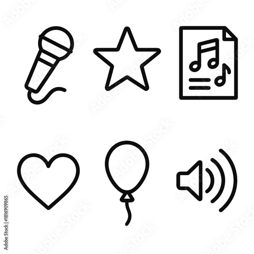Sing-Along Icon Set. Sing-Along Fun linear icon set: microphone, star, lyrics sheet, heart, balloon, sound waves