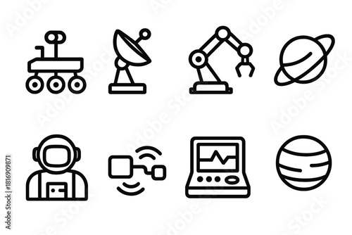 Space Robotics Icons. Space Robotics linear icon set. robotic rover, satellite dish, mechanical arm, orbit path, astronaut, data link, control console, planet