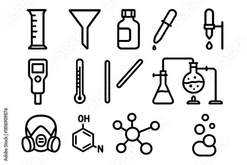 Chemistry Lab Icons. Chemistry Lab Tools linear icon set. graduated cylinder, funnel, reagent bottle, dropper, pH meter, thermometer, stirring rod, distillation setup, safety mask