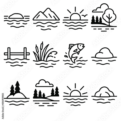 Lake Sunrise Silhouette. Waterfront scenery linear icon set. lake, ripples, mountain, tree line, sunrise, bird, cloud, dock, reeds, fish jump, rock, island