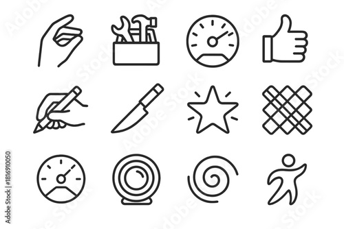 Skilled Talent Icons. Skilled Talent Icons linear icon set: precision hand, refined toolkit, competency gauge, expert gesture, craft mastery icon, honed edge symbol, polished star