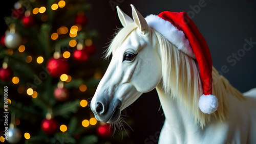 White Horse in Santa Claus Hat Standing Against Christmas Tree Background, New Year's Symbol 2026
