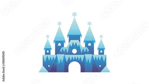 Flat vector illustration of a magical blue Ice Castle isolated on white. Frozen fantasy palace icon, winter kingdom logo design, fairy tale background element.