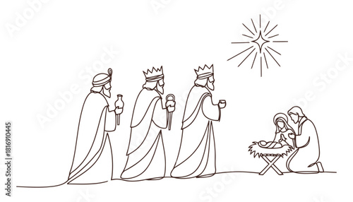 Three wise men visit baby Jesus line art vector illustration