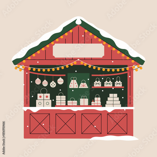 Traditional Christmas Market Stall Illustration with Gifts and Snow. Vector flat design of a festive wooden hut booth for winter holiday shopping events and seasonal sales.