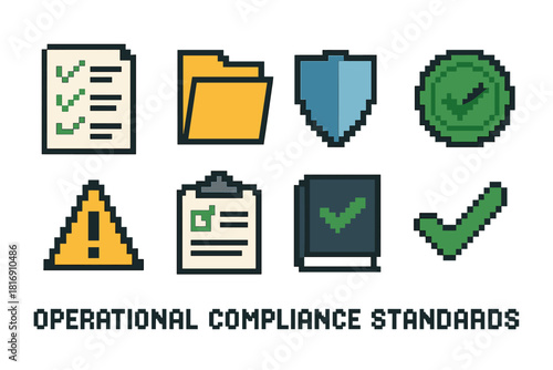Compliance Icons Collection. Operational compliance standards elements pixel style icon set: checklist, document folder, shield icon, compliance stamp, warning triangle, audit
