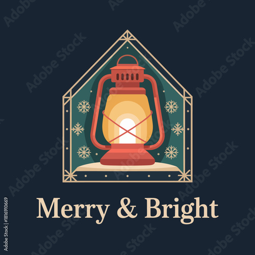 Festive Christmas Lantern Vector Illustration, Merry & Bright Holiday Greeting Card Design with Vintage Kerosene Lamp and Snowflakes on Dark Blue Background