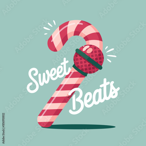 Sweet Beats retro illustration: Candy Cane striped number two with vintage microphone, playful vector graphic for Christmas music and holiday promotions.