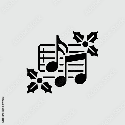 Christmas Music Carols Glyph Icon. Festive Winter Holiday Songs Score and Musical Notes Black Solid Symbol.
