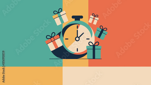 Flash Sale Countdown Timer Concept. Gifts and Presents Flying Around a Stopwatch Indicating Limited Time Offer or Delivery Deadline.