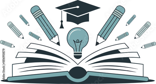 Educational knowledge concept vector with open book, graduation cap, light bulb for idea generation, and pencils. Creative study, learning success, and wisdom icon.