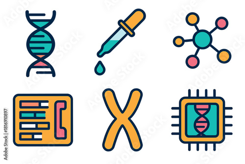 Genetic Icon Set. Genetic Engineering flat icon set: DNA strand, pipette, molecular structure, genome map, chromosome, microchip implant