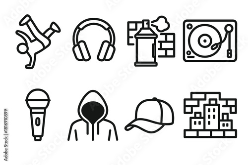 Hip-Hop Iconic Elements. Hip-Hop Culture linear icon set: breakdance pose, headphones, graffiti spray, record player, mic, hoodie silhouette, cap, city wall