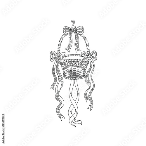 Intricate black and white line art drawing of an elaborate chandelier