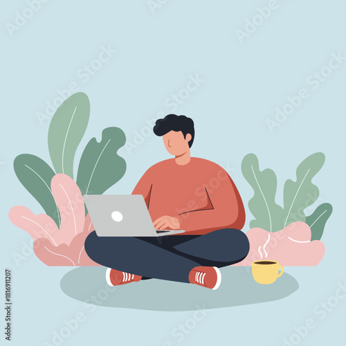 Freelancer or student working remotely on laptop, sitting cross-legged in a comfortable, relaxed environment surrounded by lush natural plants. Modern flat vector illustration of online studying.