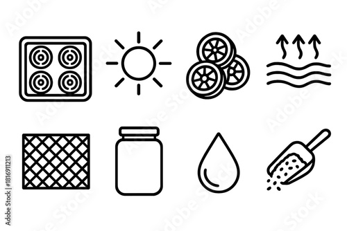 Fruit Dehydration Icons. Drying and Dehydration linear icon set: tray, sun rays, sliced fruit, air flow icon, mesh rack, jar, water droplet, scoop