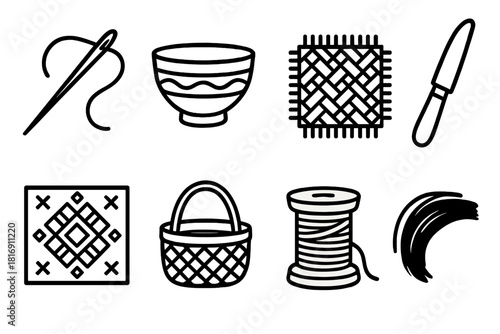 Craft Tools Icons. Traditional craft linear icon set : needle and thread, pottery bowl, handwoven mat, carving knife, textile pattern, wicker basket, spool of yarn, brush stroke