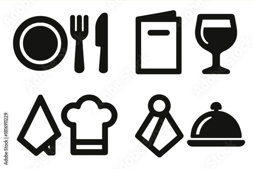 Brutalist Restaurant Icons. Restaurant Essentials silhouette icon set: plate, fork, knife, menu, wine glass, napkin, chef hat, cloche