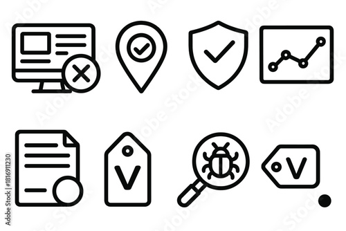 Digital Quality Dashboard. Digital Quality Control Set linear icon set: dashboard screen, error marker, validation icon, performance graph, test script, alert dot, version tag