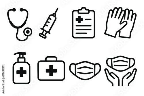 Health Care Icons. Health Care linear icon set: stethoscope, syringe, medical chart, gloves, sanitizer pump, first aid kit, mask, support hands