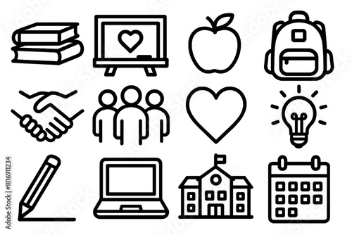 Education Symbols Collection. Youth and education volunteering linear icon set. books, chalkboard, apple, backpack, pencil, handshake, group of students, heart, light bulb, laptop